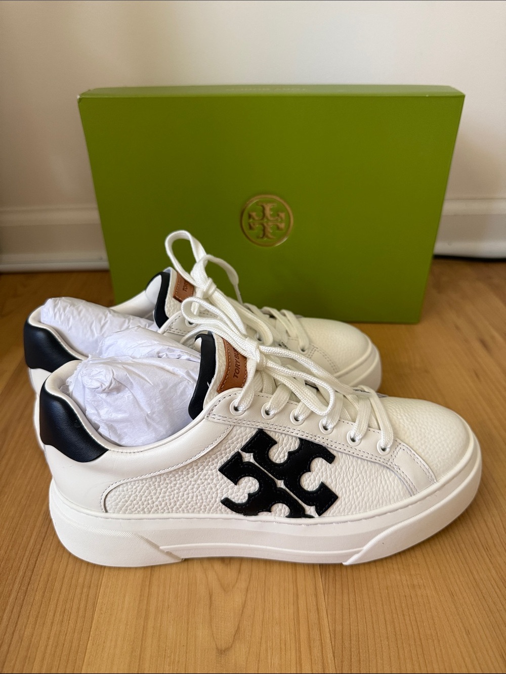 Tory Burch White Leather Platform Sneakers with Navy Logo